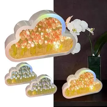 ABS DIY Cloud Tulip LED Night Light Mirror Table Lamps Спальня Украшения Украшения Зеркало Настольные Лампы Прикроватная Ручная Работа Подарок розовый