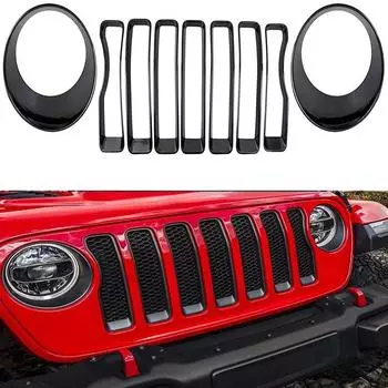 ABS Gloss Black Front Mesh Grille+Headlight Trim Cover For Jeep Wrangler JL 2018