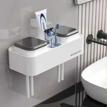 ABS Toothbrush Toothpaste Storage Holder Wall-mounted Bathroom Storage Rack with Mouthwash Cup Organizer Accessories черный белый