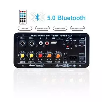 AC 220 В 12 В 24 В цифровой Bluetooth стерео усилитель плата сабвуфер двойной микрофон усилители караоке для 8-12 дюймов динамик US Plug чёрный