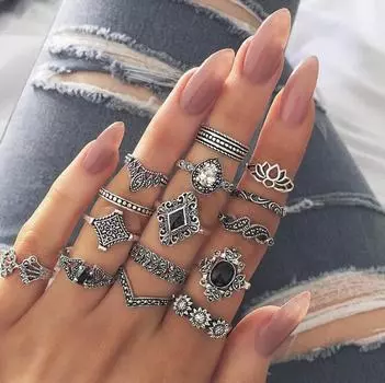 Accessories 15-piece ring set Personalized trendy openwork lotus sunflower geometric black gemstone set ring