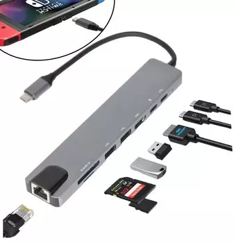 ACURACE Hub PD Power Dog Docking Быстрая зарядка x2 PD Hub Адаптер-конвертер SD microSD 8 портов 4K HDMI Кардридер Space Gray 8-в-1 USB-C Type-C серый