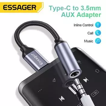 Адаптер для наушников Essager Type c с разъемом 3,5 мм USB C до 3,5 мм аудио Aux кабель для Huawei P40 P30 Pro Xiaomi Mi 9 8 Oneplus 7 7t type-c to 3.5mm темно-серого