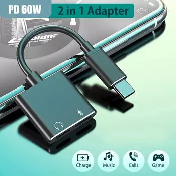 Адаптер для наушников типа 2 в 1 с USB C на двойной USB C для Samsung Huawei iPad Pro Google Pixel 5 4 Xiaomi Mi9 Redmi K40 30 Oneplus OPPO PD3.0 60 Вт Type C + 3.5mm