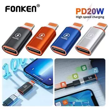 Адаптер Fonken PD20W типа C к iOS, высокоскоростная зарядка, разъем типа C «мама» к iOS «папа» для iP/hone 14 13 12 Pro Max i/pad чёрный