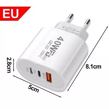 Адаптер питания 40 Вт с 2 портами PD и 1 портом QC 3.0 для быстрой зарядки, USB Type-C, настенное зарядное устройство, вилка США/ЕС для iPhone Samsung Xiaomi Quick Charge For EU Plug белый