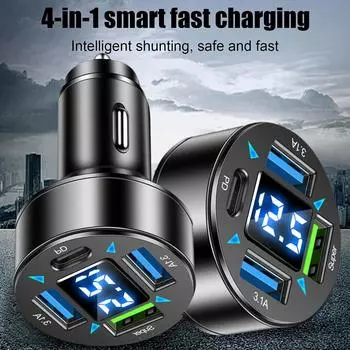 Адаптер питания 4-портовое зарядное устройство с синим светом USB PD QC3.0 Type C, быстрая зарядка, светодиодный цифровой дисплей, портативный автомобильный адаптер для IPho L1X6 чёрный