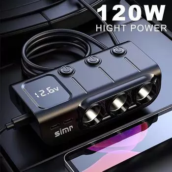 Адаптер прикуривателя simr 120 Вт, 3-х гнездовой разветвитель питания, 5 портов USB, быстрое автомобильное зарядное устройство со светодиодным дисплеем напряжения, выключатель питания чёрный