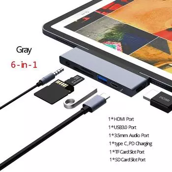 Адаптер расширения Type-C для IPad Pro Hub USB-C к HDMI + Audio 3.5 + USB 3.0 Hub Док-станция для сотового телефона Type-C серый