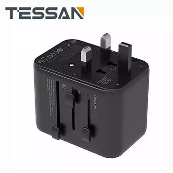 Адаптер TESSAN для путешествий по всему миру с 2 портами USB и 3 портами Type-C (15W) Международный дорожный адаптер для США, Великобритании, Англии, Австралии 3 USB & 1 Type-C чёрный