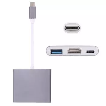 Адаптер USB-C / Type-C 3.1 «папа» на USB-C / Type-C 3.1 «мама» и HDMI «мама» и USB 3.0 «мама» серебряный