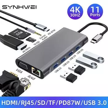 Адаптер USB HUB 3.0 Type C к 4K HDMI-совместимому VGA RJ45 Lan Ethernet SD/TF 87 Вт PD Док-станция ПК Разветвитель для ноутбука 11 в 1 4-in-1 4USB B