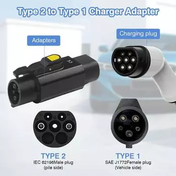 Адаптер зарядного устройства для электромобиля, тип разъема 2 IEC 62196 toType 1 SAE J1772 7 кВт 32 А Conventor чёрный