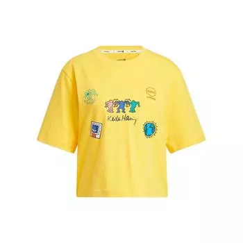 Adidas Neo Keith Haring Collaboration SS22 Игривый мультяшный узор с круглым вырезом Повседневная футболка с коротким рукавом Женские топы Желтый HD7253 M