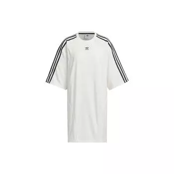 Adidas Оригинальное платье-футболка большого размера, спортивное, удобное, свободное, с тремя полосками, круглым вырезом, коротким рукавом, женские платья, белое, JD5773 S