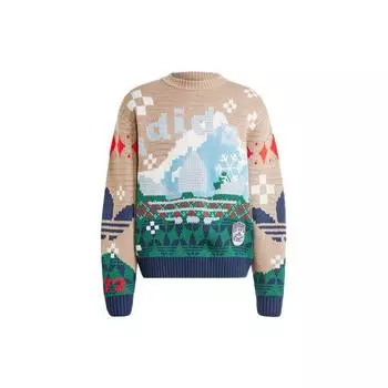 Adidas Originals Holiday Pattern Print Свободный вязаный свитер с круглым вырезом и длинными рукавами Женские топы Розовый Коричневый IT1740 M