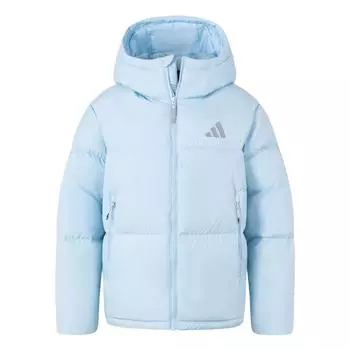 Adidas Пуховая куртка серии Puffy Down, однотонная, мягкая, с капюшоном, на молнии, свободная, водонепроницаемая, теплая, женская, верхняя одежда, кристально-голубая JV6190 XL