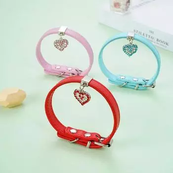 Adjustable PU Leather Dog Cat Collar Puppy Kitten Rhinestone Neck Collar Lead with Bling Heart for Small Medium Dogs Accessories 25CM красный