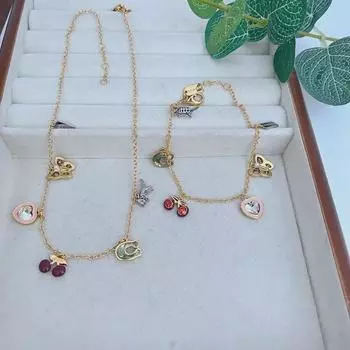 Adorable Cartoon Cherry & Dinosaur U-Shape Enamel Bracelet Necklace Set