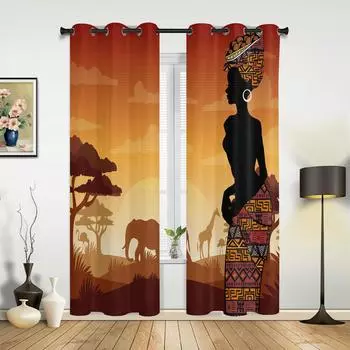 African Woman Giraffe Elephant Silhouettes Curtains for Bedroom Living Room Drapes Kitchen Kid s Room Window Curtain Home Decor 135W x 60H(cm) x1