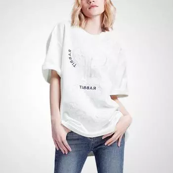 Age-Reducing Stylish Casual Lace Rabbit Short-Sleeved T-shirt White 2XL