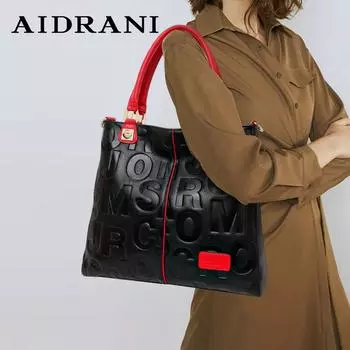 Aidrani Женская сумка через плечо из натуральной кожи с буквенным узором, большая вместительная сумка-тоут из коровьей кожи Large чёрный
