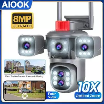 AIOOK Outdoor Security Camera 5 Lens 4 Frame WIFI IP Camera HD 8MP 8K 10X ZOOM Waterproof Night Vision Two Way Audio Intercom Mobile Tracking 720°