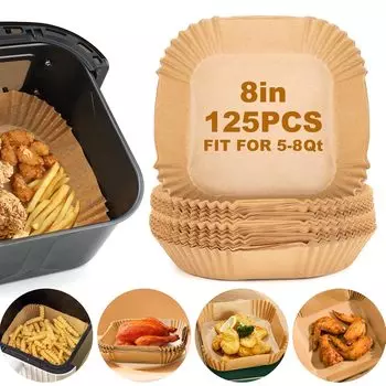 Air Fryer Paper Liners,125Pcs Parchment Paper, Air Fryer Disposable Paper Liner for Microwave, Non-Stick Air Fryer Liners Square Free of Bleach (8IN) 125Pcs