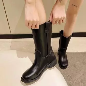 AJGS Women s Winter New Style Comfortable Round Toe Fashion Boots Women s Solid Color Sleeve High Heels Casual Mid-calf Boots 35 чёрный
