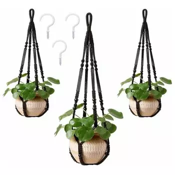AKEIE Macrame Plant Hanger 3 Pack for Indoor Outdoor Wall Hanging Planter 3 Hooks Hanging Planter Basket Cotton Rope 100cm with Beads No Tassels зелёный