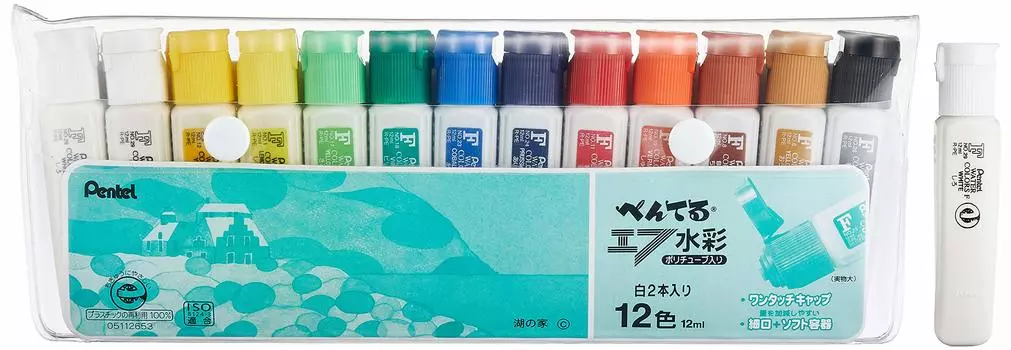 Акварельные краски Pentel 12 цветов в полимерной упаковке, 1 флакон белой краски в комплекте с тюбиком,