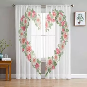 Акварель Сердце Роза Венок Прозрачные Шторы Для Окна Гостиной Прозрачная Вуаль Тюль Шторы Спальня Шторы Домашний Декор 135W x 114H(cm)