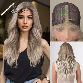 ALAN EATON Синтетический передний парик с кружевом Длинные волнистые парики Ombre Grey to Blonde Ежедневно для женщин Высокая плотность Термостойкие волосы
