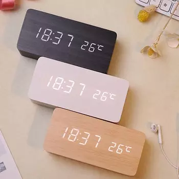 Alarm Clock LED Wooden Table Voice Control Digital Wood Despertador USB/AAA Powered Electronic Desktop Clocks Table Decor