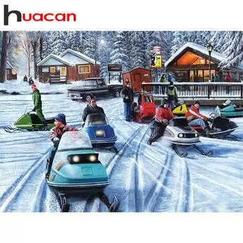 Алмазная вышивка HUACAN, распродажа, 5D DIY, алмазная живопись, полная квадратная дрель, снегоходы, картина со стразами, зимний декор для дома Full Square 20*30 cm