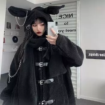 AltGoth Harajuku Y2k шейный платок женский винтажный торговый центр гот гранж милый кролик шапка шарф уличная одежда с цепочкой эмо Alt Wrap женский One Size чёрный