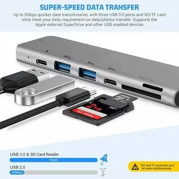 Алюминиевый двойной концентратор USB-c 7-в-1 Адаптер USB 3.1 Основание устройства чтения карт SD Серебристый серебряный