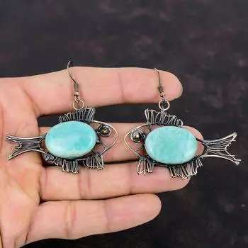 Amazonite Earring Copper Wire Wrapped Gemstone Earrings Fish Earring Copper Jewelry Gifts For Mother Handmade Earring Latest Design Jewelry