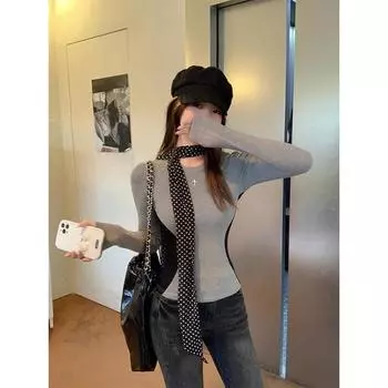 American contrasting color brushed plus velvet long-sleeved bottoming shirt, autumn and winter new model, slim fit hot girl elastic top S