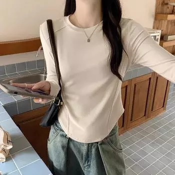 American retro long-sleeved T-shirt for women in early autumn new design curved hem round neck solid color slim fishbone top S