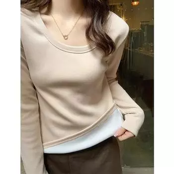 American retro silver fox velvet warm shoulder long-sleeved T-shirt for women in autumn and winter with a slim-fitting apricot top and bottoming shirt S