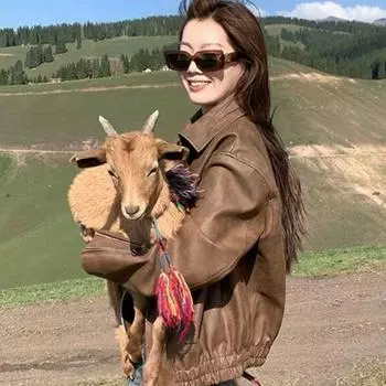 Американская ретро-кофейная куртка из искусственной кожи женская осенняя новая короткая куртка верхняя повседневная мотоциклетная куртка S темно-коричневого