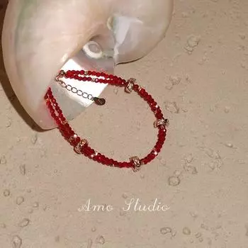 AMO Small Perfect Red Agate Double-Layer Bracelet Female Light Luxury Minority Exquisite Beaded Bracelet Animal Year Red Carrying Strap Natural red agate, 15+3cm extended chain