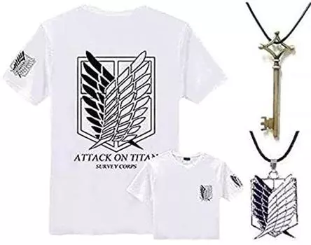 amor e Attack on Titan Shirt Basement Key Necklace Set Costume Survey Corps Wings of Freedom [Entregando paz] + + 3-piece (L, White) белый
