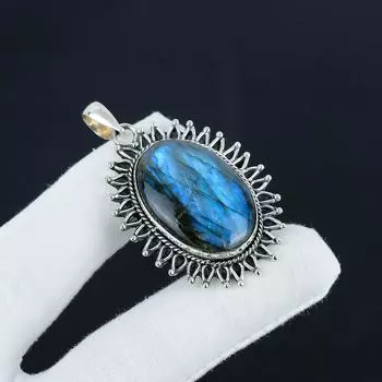 Amzing Blue Flashy Labradorite Gemstone Silver Pendant in 925 Sterling Silver - Handmade Oval Design, Everyday Wear Jewelry Easter Gift 2.16 синий