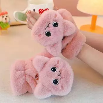 And Winter Driving Gloves Cat Ears Flip Mittens Wool Mittens Half-finger Gloves Female Gloves серый