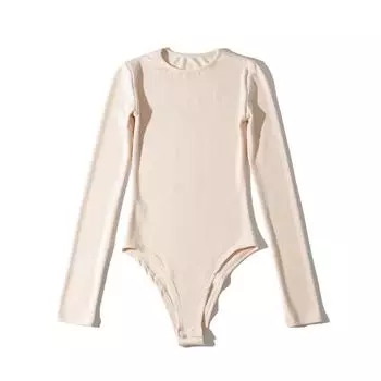 and Winter New Small round Neck One-Piece Long Sleeves T-shirt Thin Velvet Stretch Body Shaping Minimalist Pure Color Crotch One-Piece Bottoming Shirt Apricot M