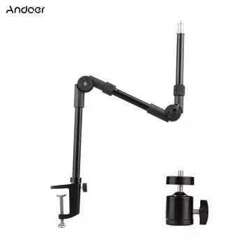 Andoer ST-01 Гибкая складная настольная подставка, металлический кронштейн с адаптером для шаровой головки винта 1/4 дюйма чёрный