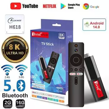 Android 14,0 TV Stick 8K WiFi 6 2,4/5G Bluetooth 5,0 Smart TV Stick сетевой медиаплеер ТВ-ключ для Google YouTube NETFLIX