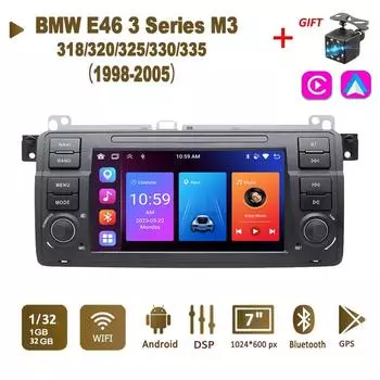 Android Авторадио для BMW 3 серии E46 M3 318/320/325/330/335 1998-2005 Carplay Автомобильный мультимедиа GPS 2din Авторадио 1+32 ГБ чёрный